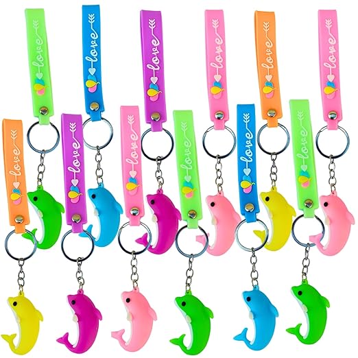 Dolphin Keychains (Pack of 12) for kids all age group, Ocean / Marine Theme Keyrings with Silicone Strap – Perfect Birthday Return Gifts & Party Favors (22.5cm)