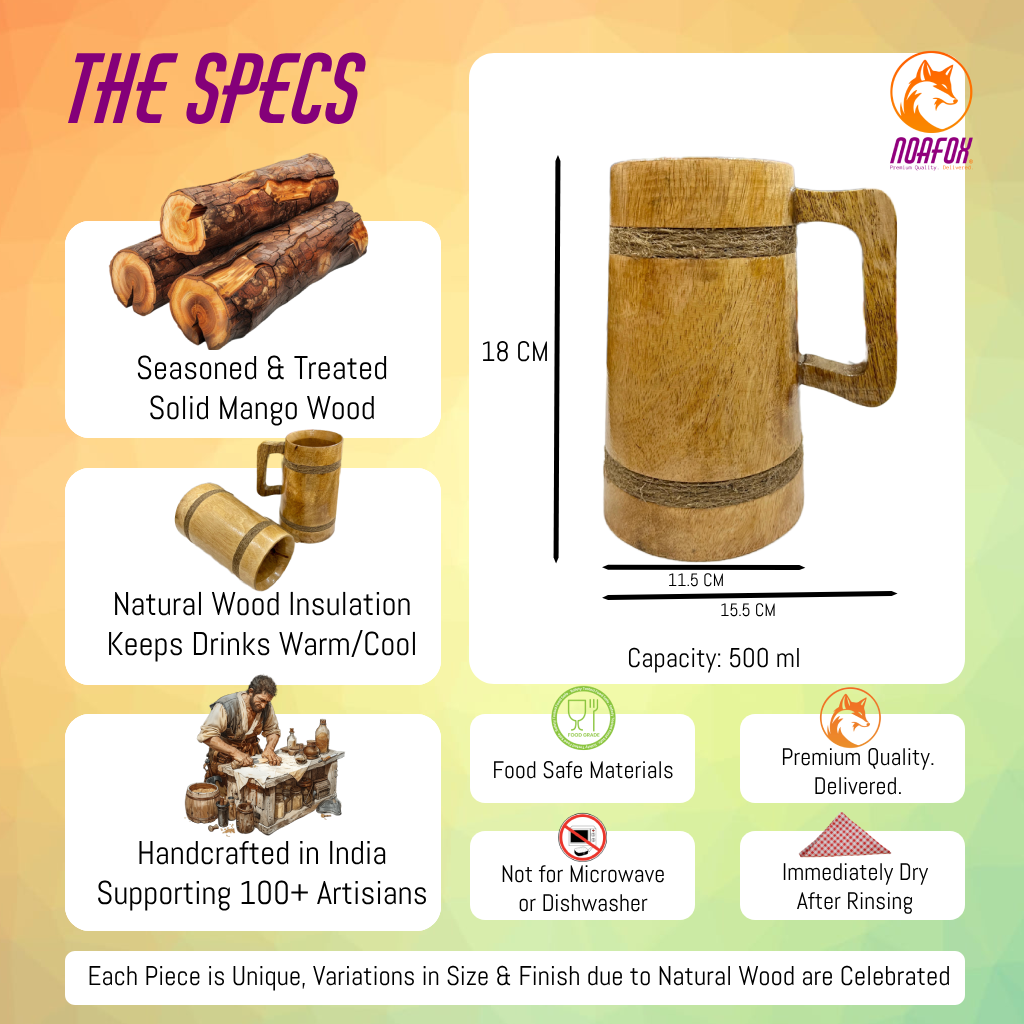 Handmade Eco Friendly Wooden Mug - 500 ML - Perfect for Coffee, Tea, Beer, or Decorative Use - Vikings Mug
