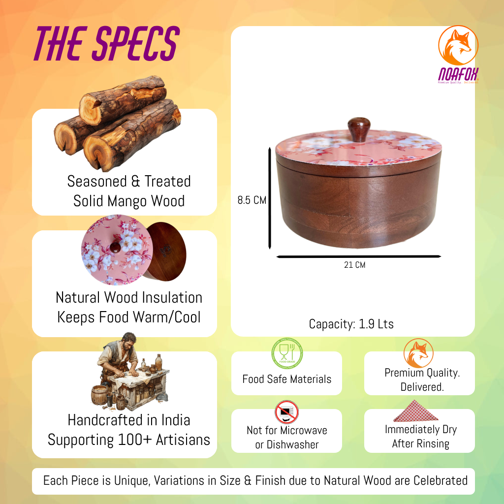 Premium Eco Friendly Wooden Chapati Box | Handcrafted Roti Box with Lid | Bread Storage Container - Pink