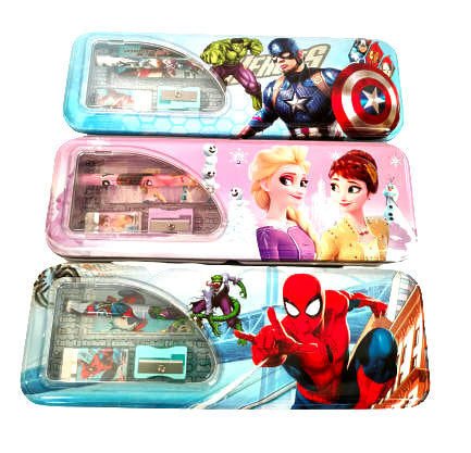 FunBlast Metal Pencil Box Case with Pencil, Eraser, Sharpener Stationery Set Double Layer Pencil Case Stationary Organizer for Kids Birthday Return Gift for Kids (Multicolor )