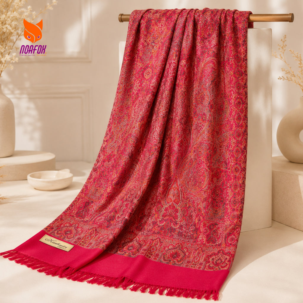 Handcrafted Woolen Shawl for Women – Red Floral Pattern | Noafox