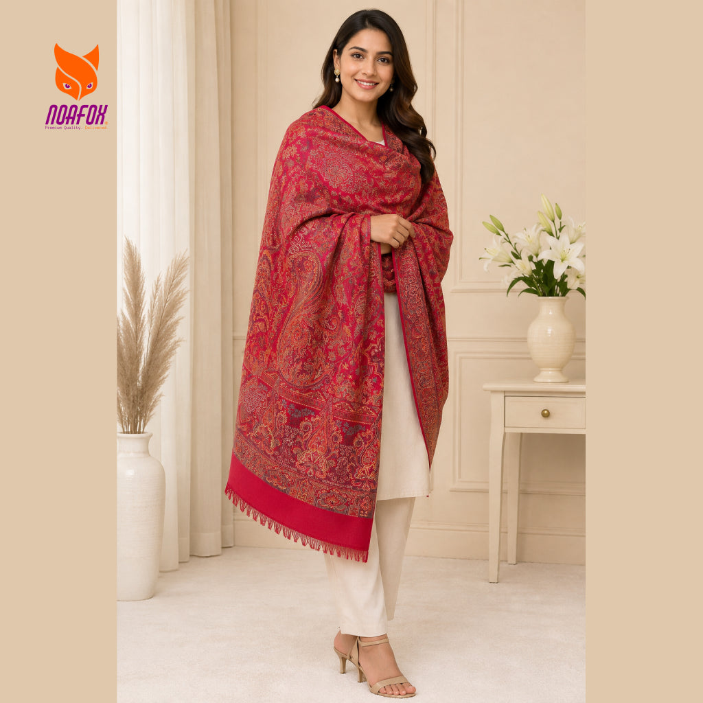 Handcrafted Woolen Shawl for Women – Red Floral Pattern | Noafox