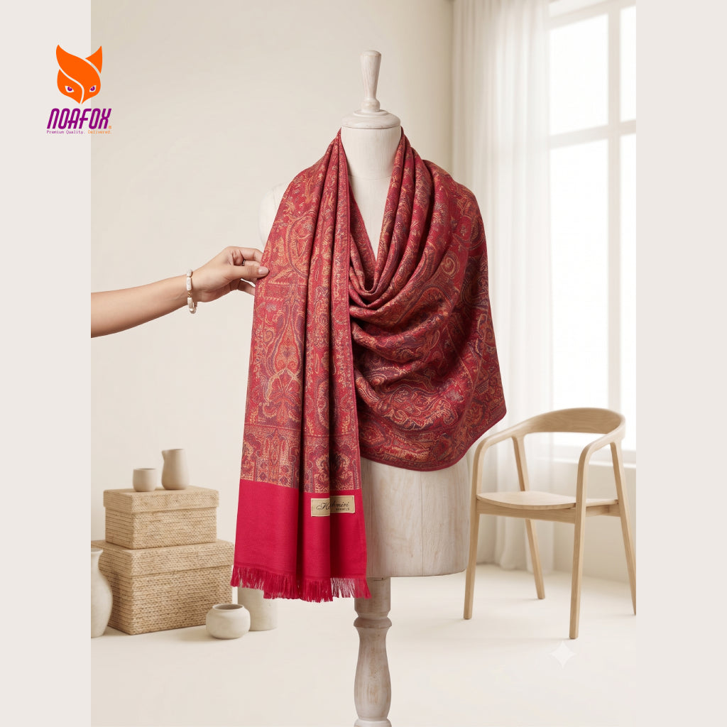 Handcrafted Woolen Shawl for Women – Red Floral Pattern | Noafox