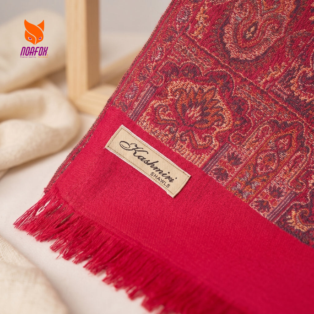 Handcrafted Woolen Shawl for Women – Red Floral Pattern | Noafox