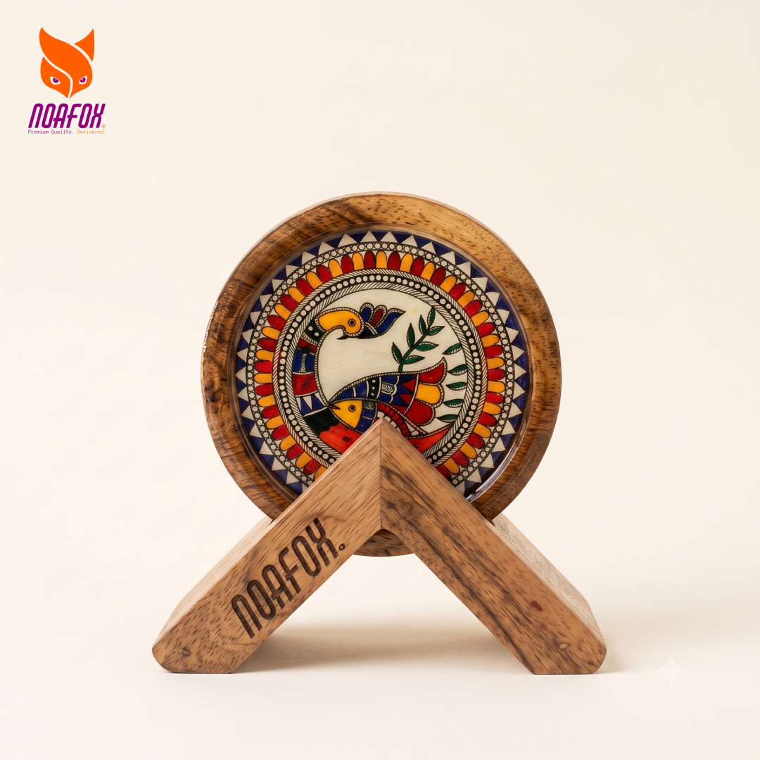 Wooden Coaster, Set of 4 with Stand, Mandala Bird Design, Noafox