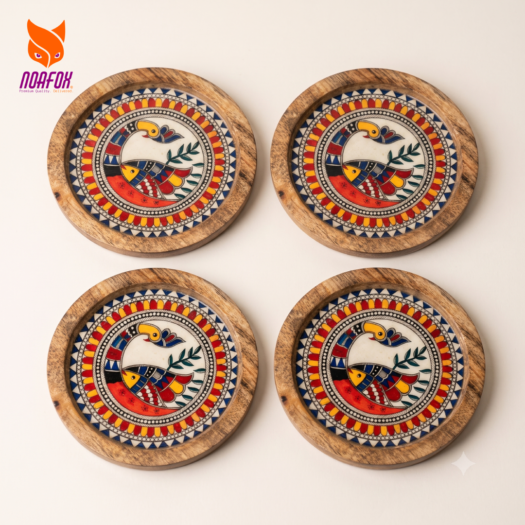Wooden Coaster, Set of 4 with Stand, Mandala Bird Design, Noafox