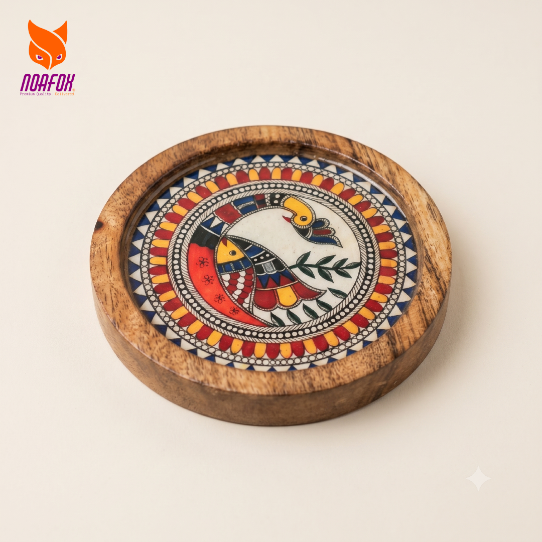 Wooden Coaster, Set of 4 with Stand, Mandala Bird Design, Noafox