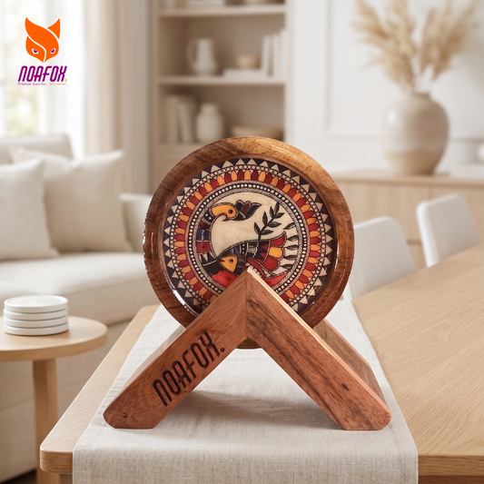 Wooden Coaster, Set of 4 with Stand, Mandala Bird Design, Noafox