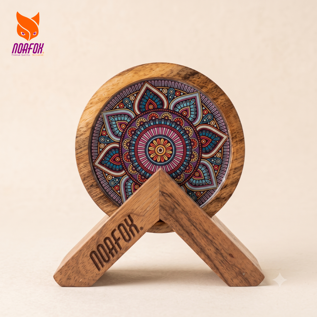 Wooden Coaster, Set of 4 with Stand, Mandala Design, Noafox