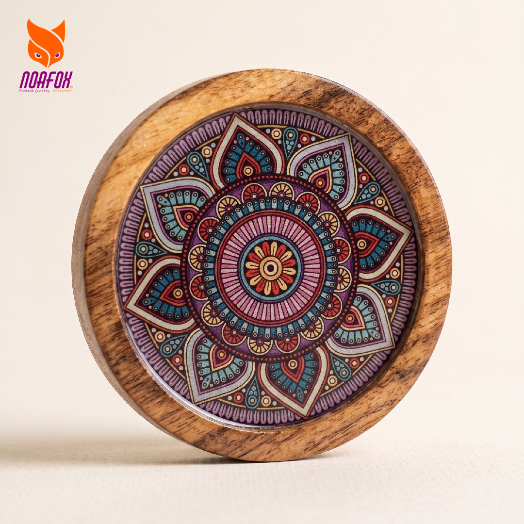 Wooden Coaster, Set of 4 with Stand, Mandala Design, Noafox