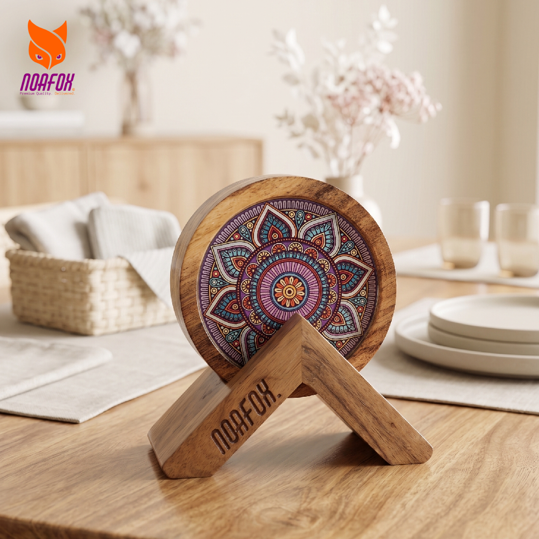 Wooden Coaster, Set of 4 with Stand, Mandala Design, Noafox