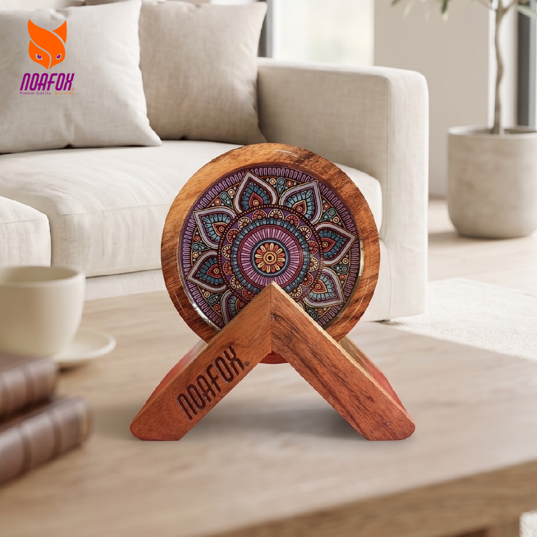 Wooden Coaster, Set of 4 with Stand, Mandala Design, Noafox