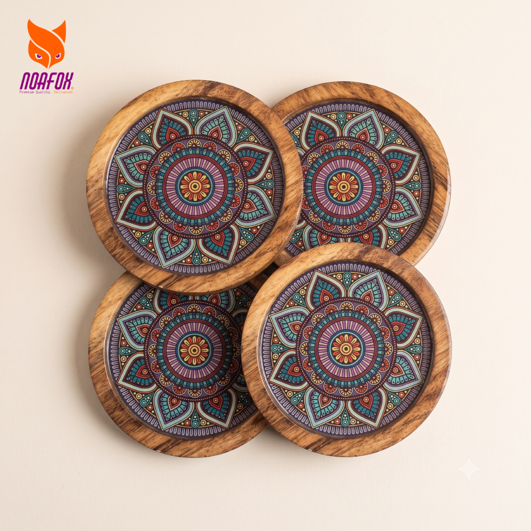 Wooden Coaster, Set of 4 with Stand, Mandala Design, Noafox
