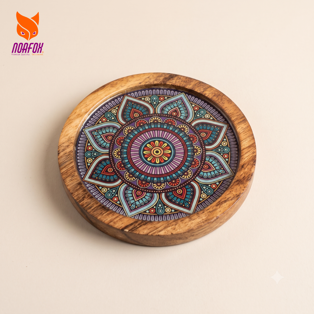 Wooden Coaster, Set of 4 with Stand, Mandala Design, Noafox