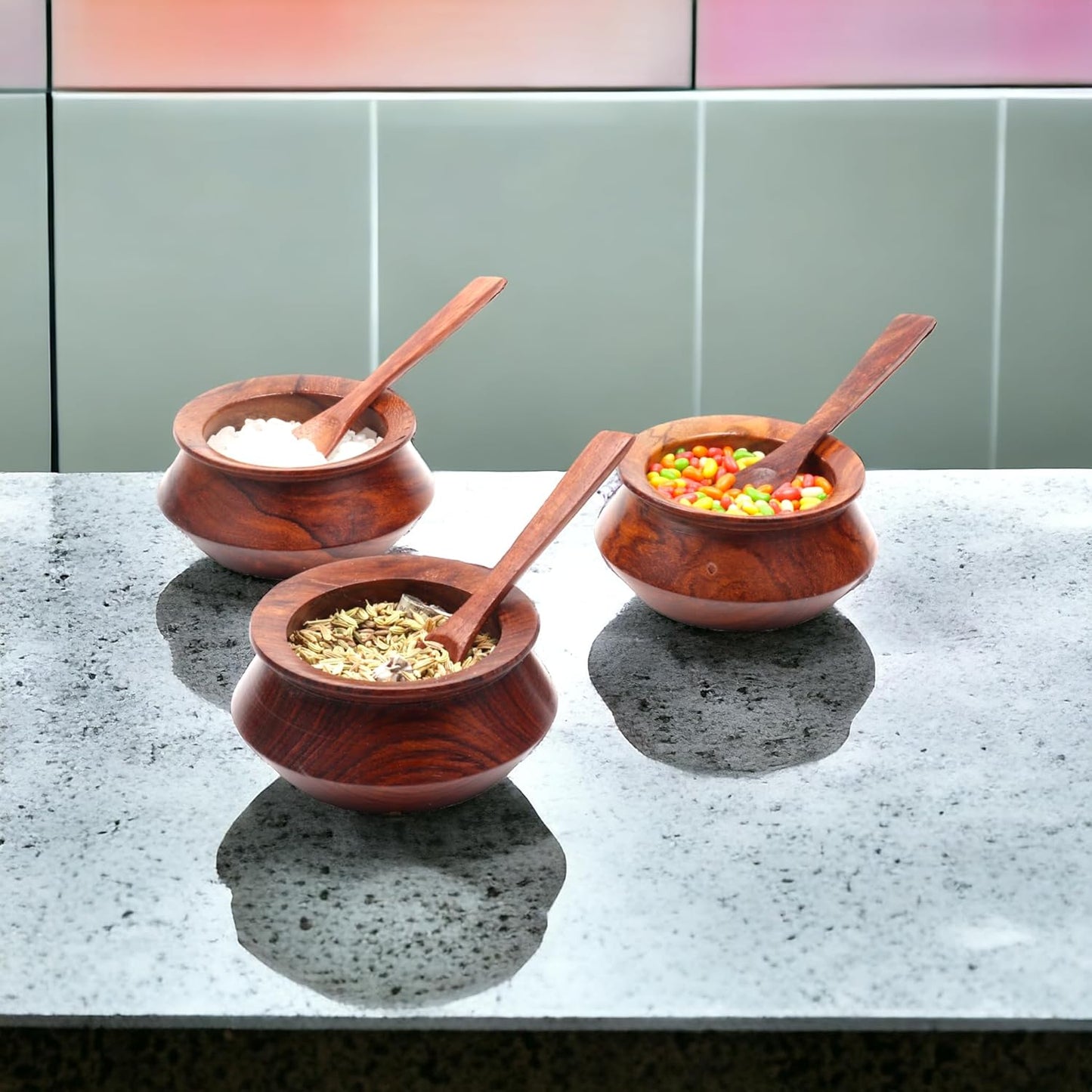 Wooden Serving Jars Set – Traditional Ornate 3 Handi-Shaped Jars (60 ml Each) with Tray | Brown & Multicolour Kitchen Storage Set