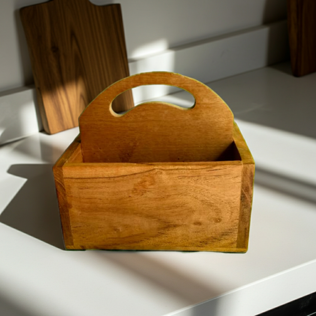 Noafox Premium Handcrafted Wooden Cutlery/Spoon stand with Handle | Pure Acacia Wood | Wooden Caddy with 4 sections | Multipurpose Cutlery Stand for Kitchen, Dining Table
