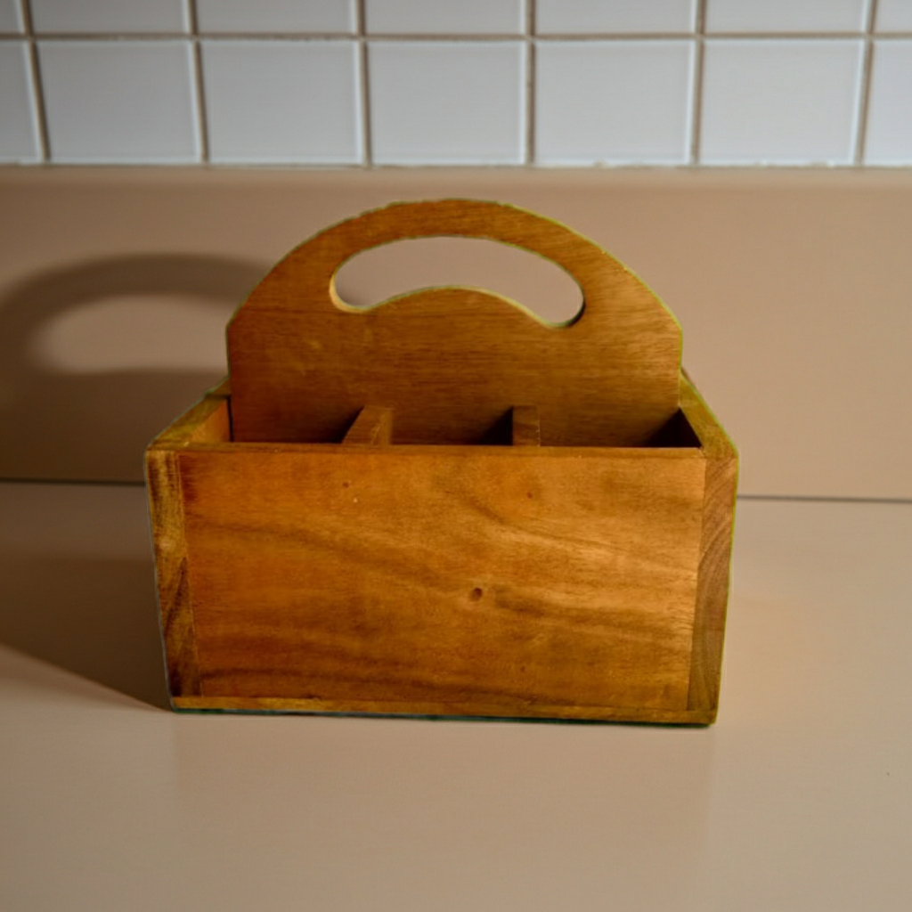Noafox Premium Handcrafted Wooden Cutlery/Spoon stand with Handle | Pure Acacia Wood | Wooden Caddy with 4 sections | Multipurpose Cutlery Stand for Kitchen, Dining Table