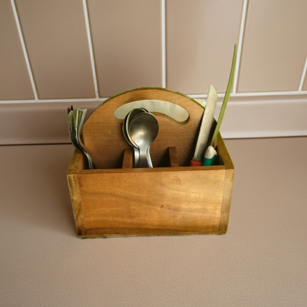 Noafox Premium Handcrafted Wooden Cutlery/Spoon stand with Handle | Pure Acacia Wood | Wooden Caddy with 4 sections | Multipurpose Cutlery Stand for Kitchen, Dining Table