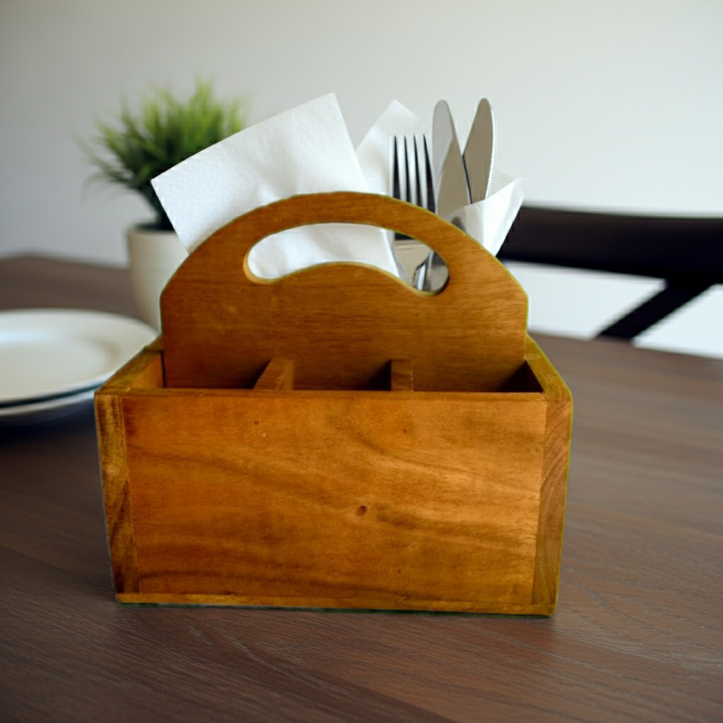 Noafox Premium Handcrafted Wooden Cutlery/Spoon stand with Handle | Pure Acacia Wood | Wooden Caddy with 4 sections | Multipurpose Cutlery Stand for Kitchen, Dining Table
