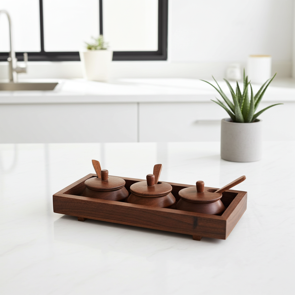 Wooden Serving Jars Set – Traditional Ornate 3 Handi-Shaped Jars (60 ml Each) with Tray | Brown & Multicolour Kitchen Storage Set